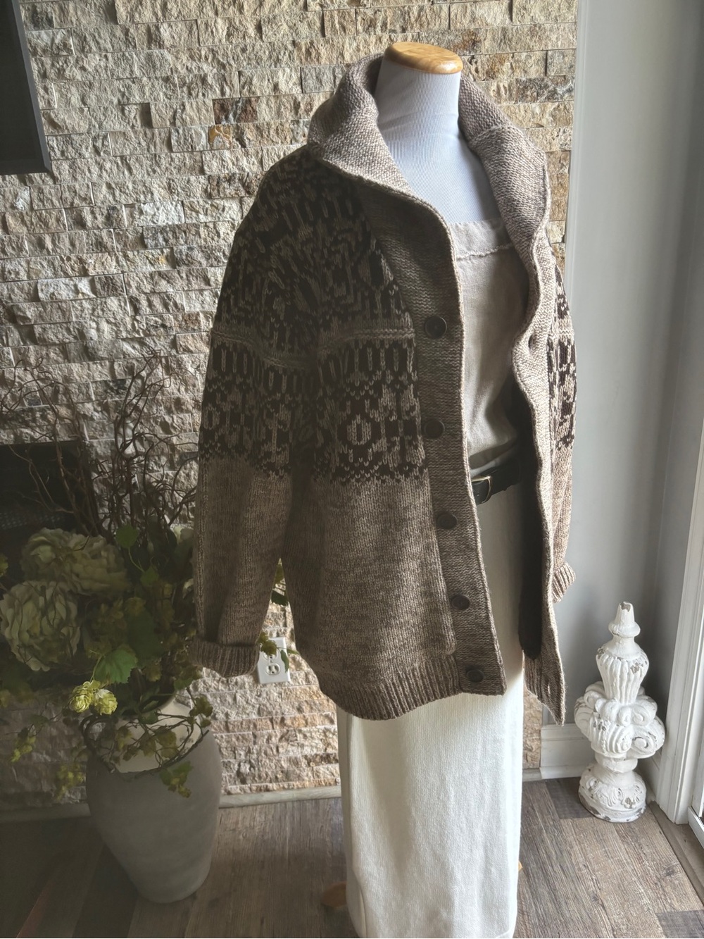 Weatherproof Taupe and Dark Brown Shawl-Collar Cardigan